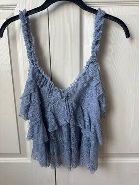 Zara Light Blue Lace Ruffle Tank Top